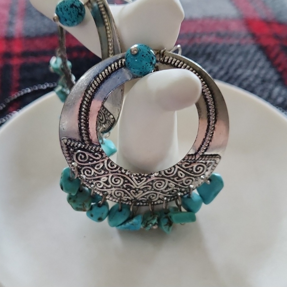 Carolyn Pollack Relios Sterling Silver Turquoise Stamped Dangle Earrings 2-1/8”